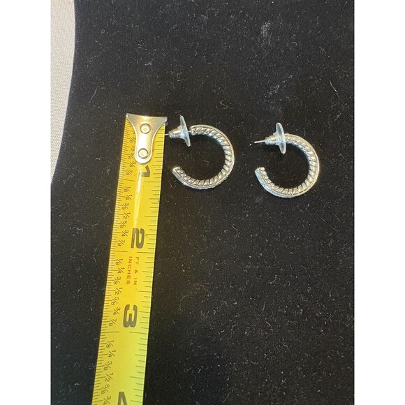 Silver Tone Half Hoop Earrings Womens Crystal Accents Textured 1 Inch Pair - Picture 3 of 4